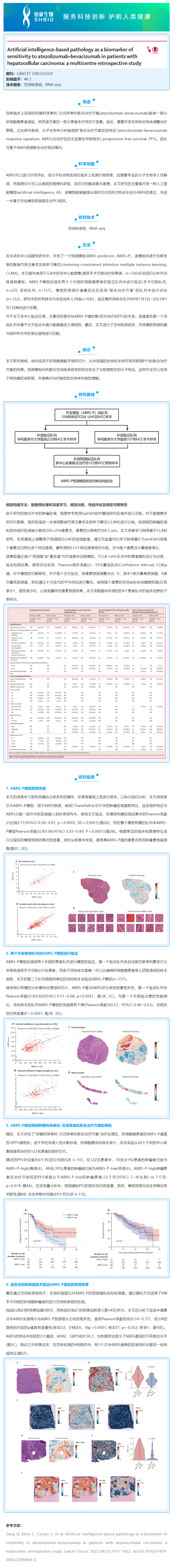 文献解读 _ 基于人工智能的病理学特征可作为标志物预测阿替利珠单抗 - 贝伐珠单抗治疗肝癌的敏感性